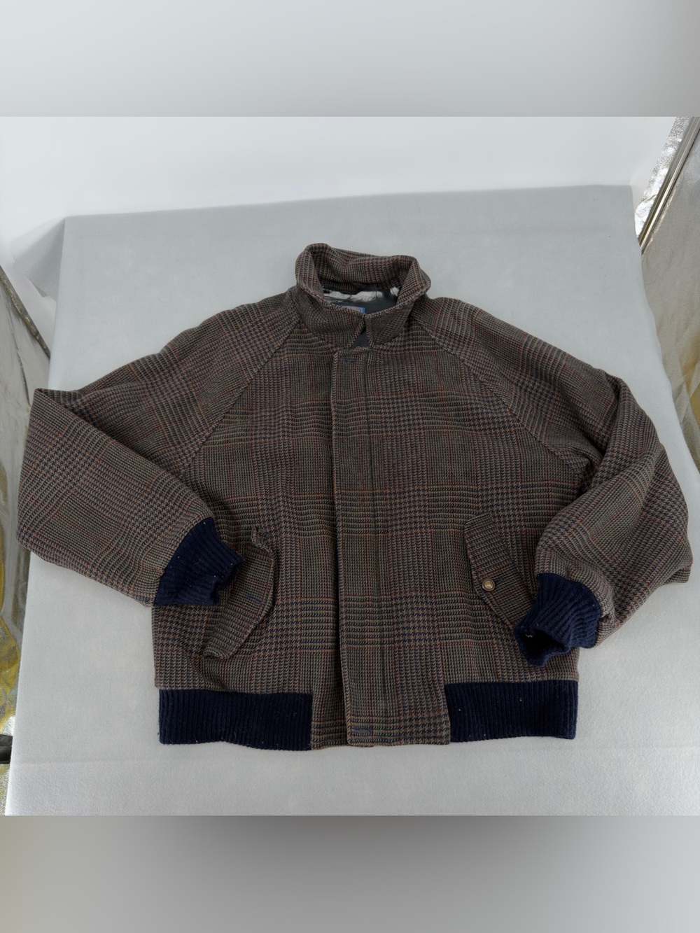 Pendleton Vintage Brown Houndstooth Wool Plaid Bomber Jacket Medium Mens